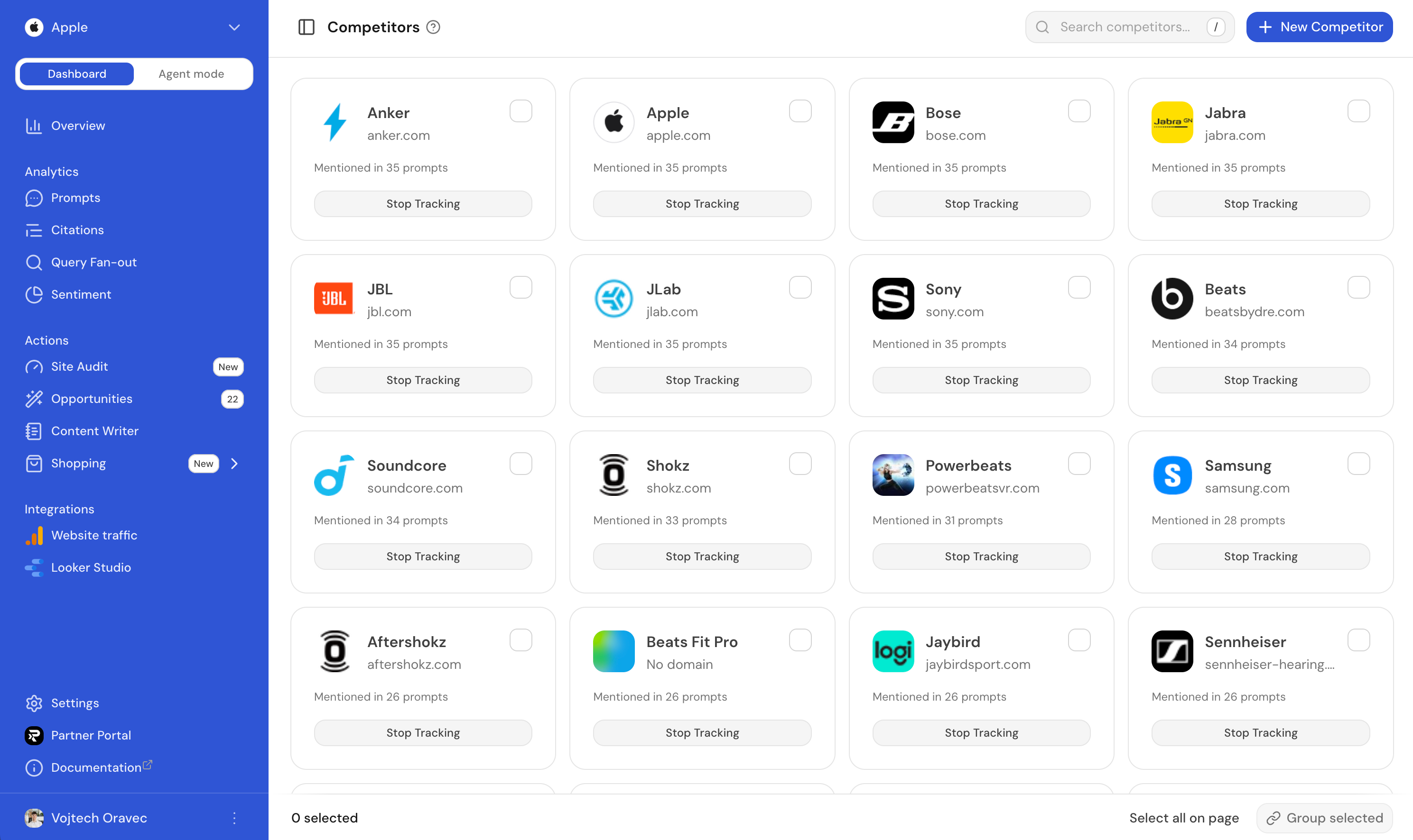 The Competitors page, showing all tracked competitors as cards with how many prompts mention each one