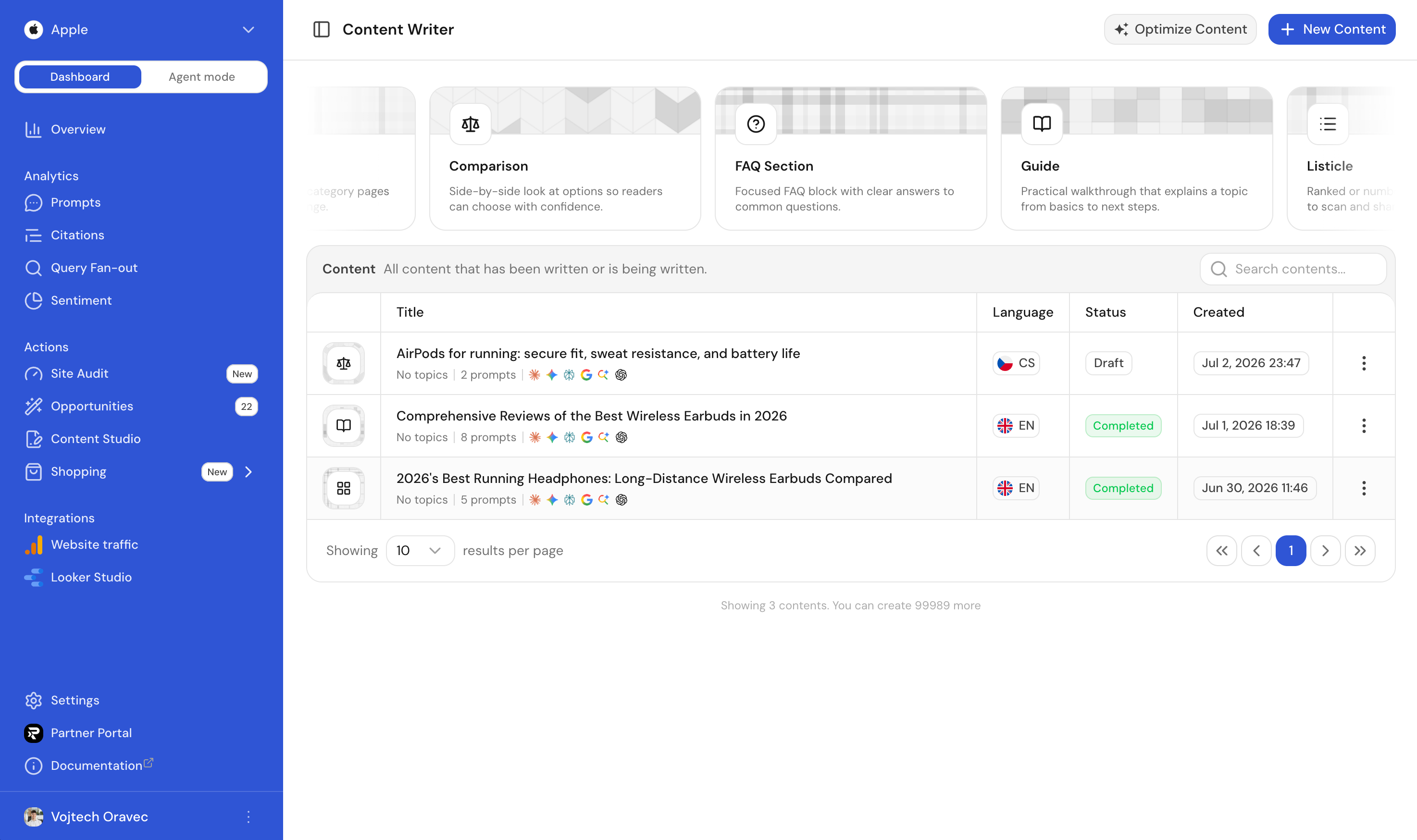The Content Studio page, with quick-start cards (Outline, Review, Tutorial, and more) above the table of existing content