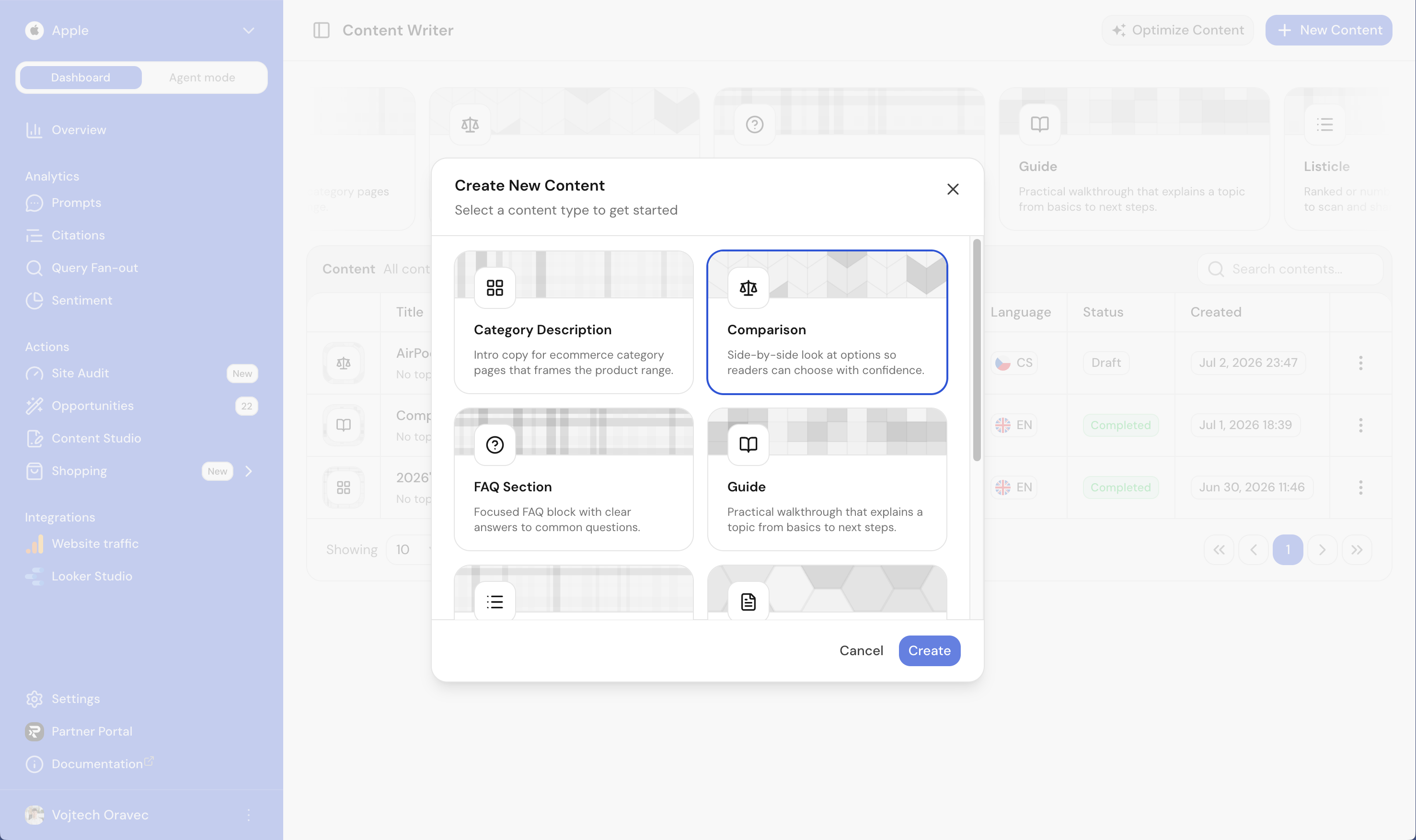 The "Create New Content" modal, showing content types like Category Description, Comparison, FAQ Section, and Guide to pick from