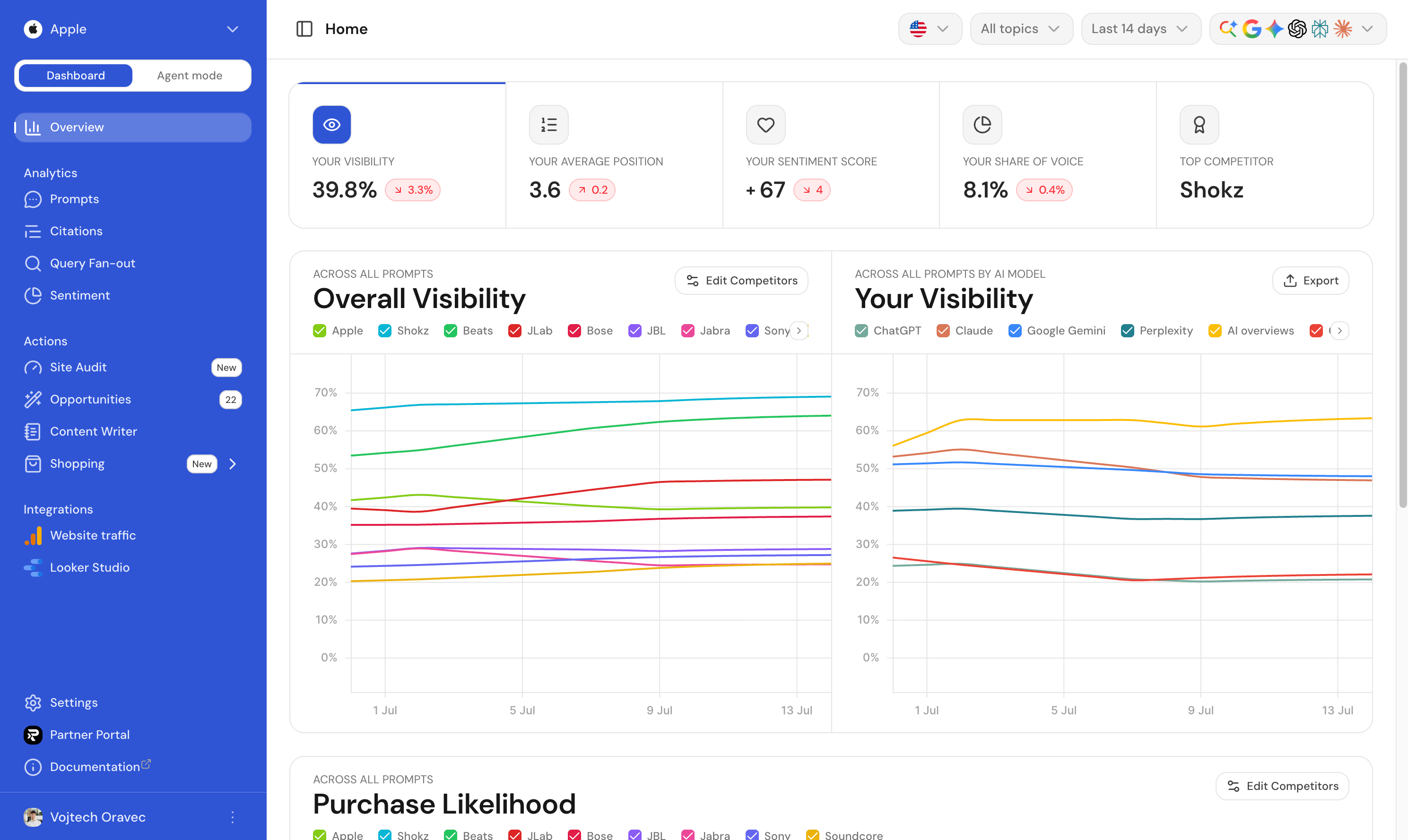 The Home overview showing Overall Visibility and Your Visibility charts across all prompts and by AI model