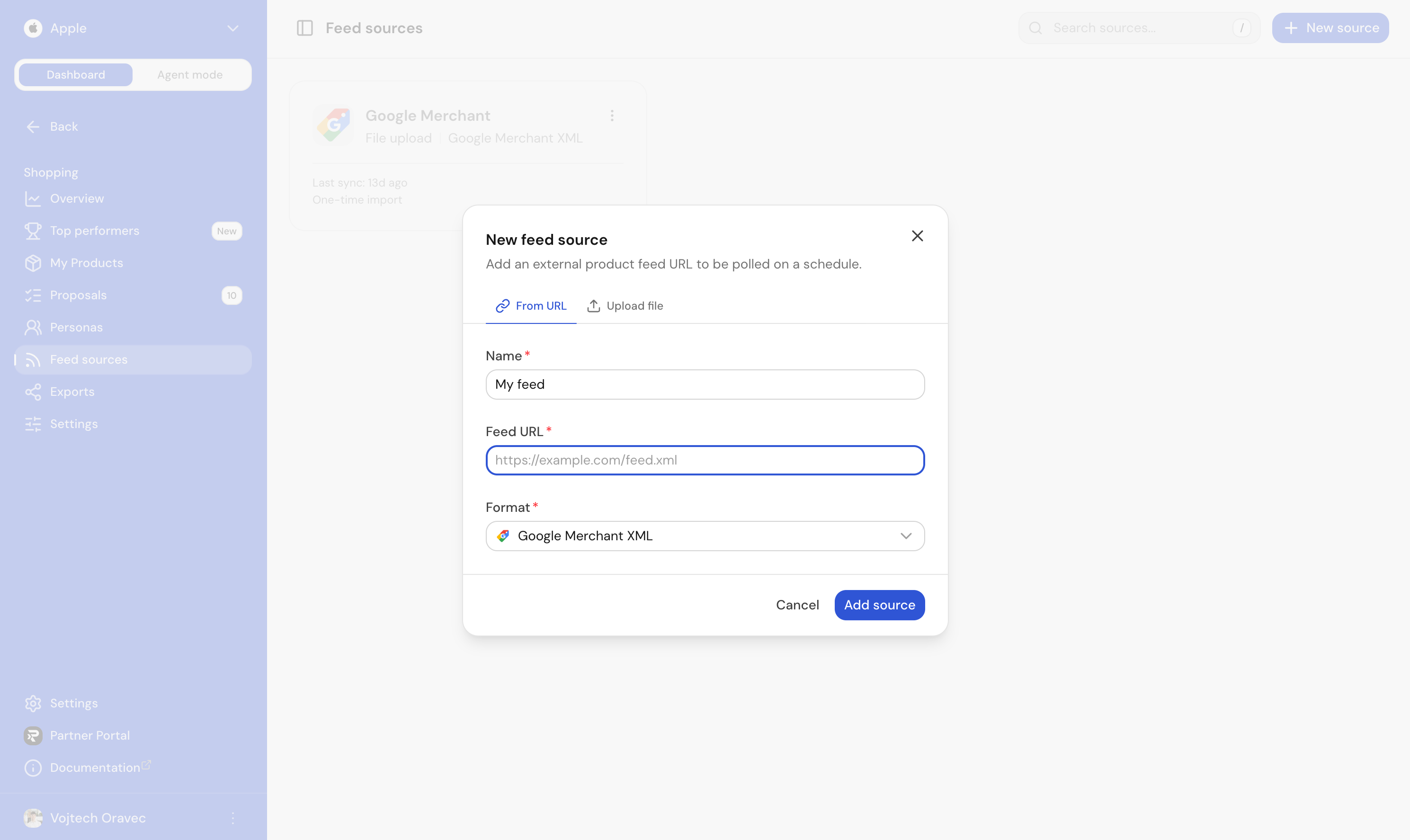 Modální okno New feed source s vyplněnou feed URL, názvem a vybraným formátem