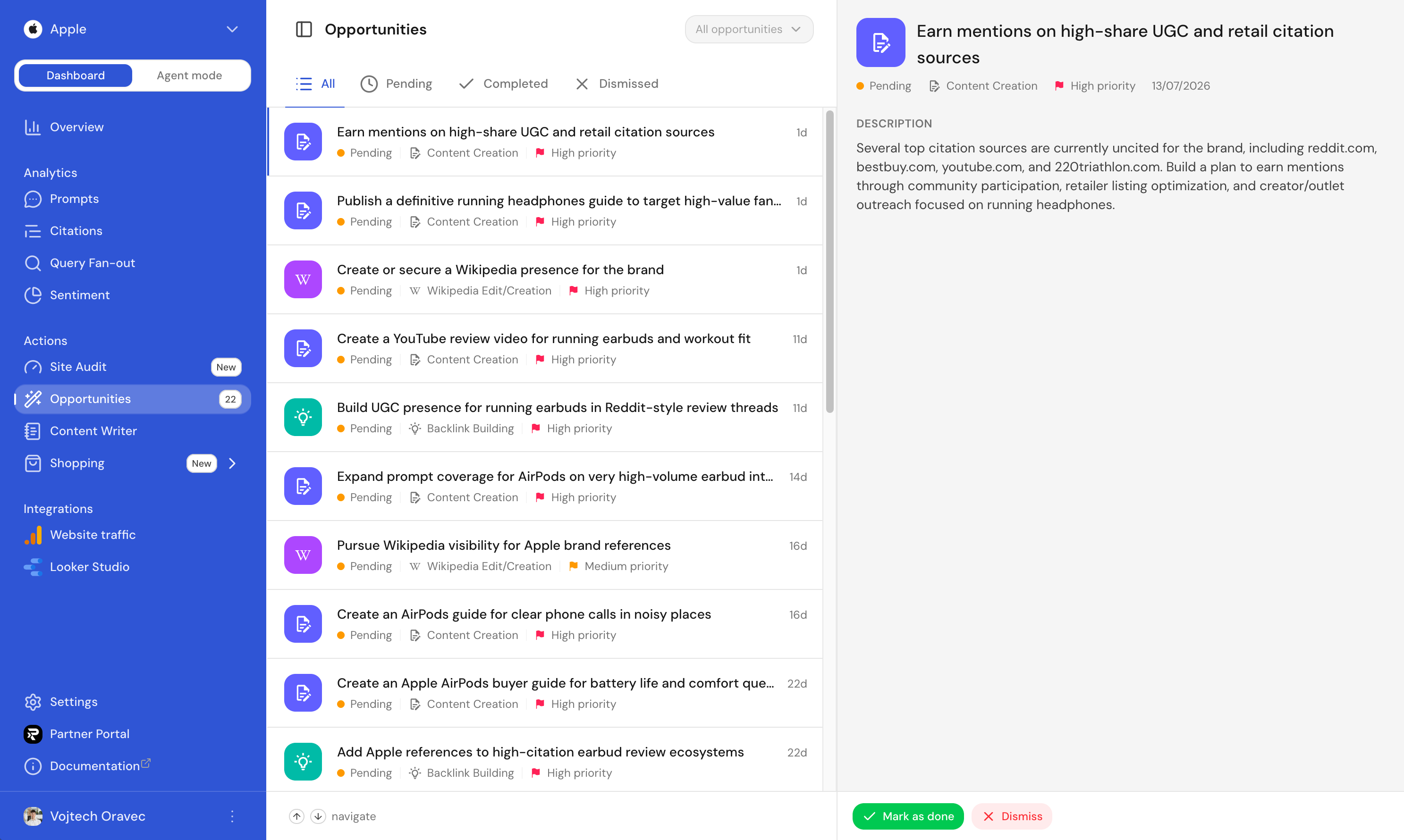 An opportunity's detail panel, with the Complete, Request Execution, and Dismiss actions